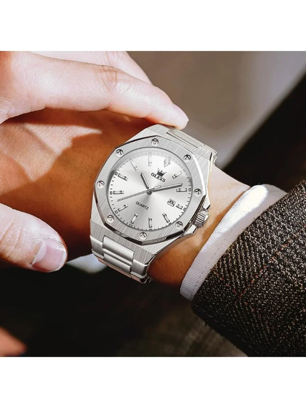 Men's Silver Fashion Luxury Octagon Stainless Steel Waterproof Dress Wrist Watch